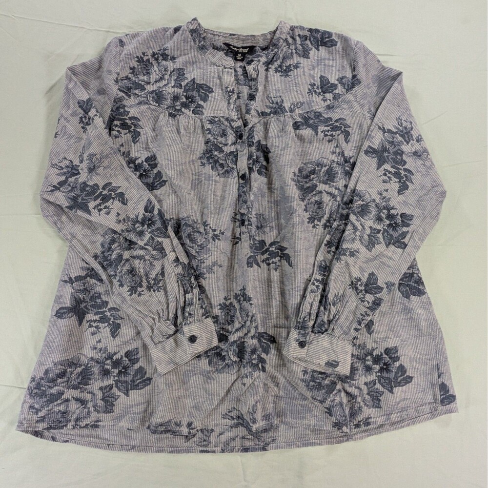 Lucky Brand Womens Floral Shirt Medium Blue Striped Front Pleated Long Sleeve